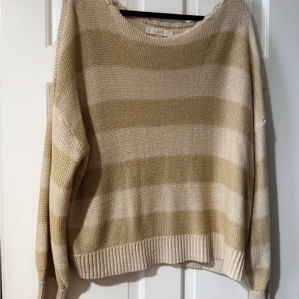 LOFT Women's Sweater - Cream and Tan Stripes